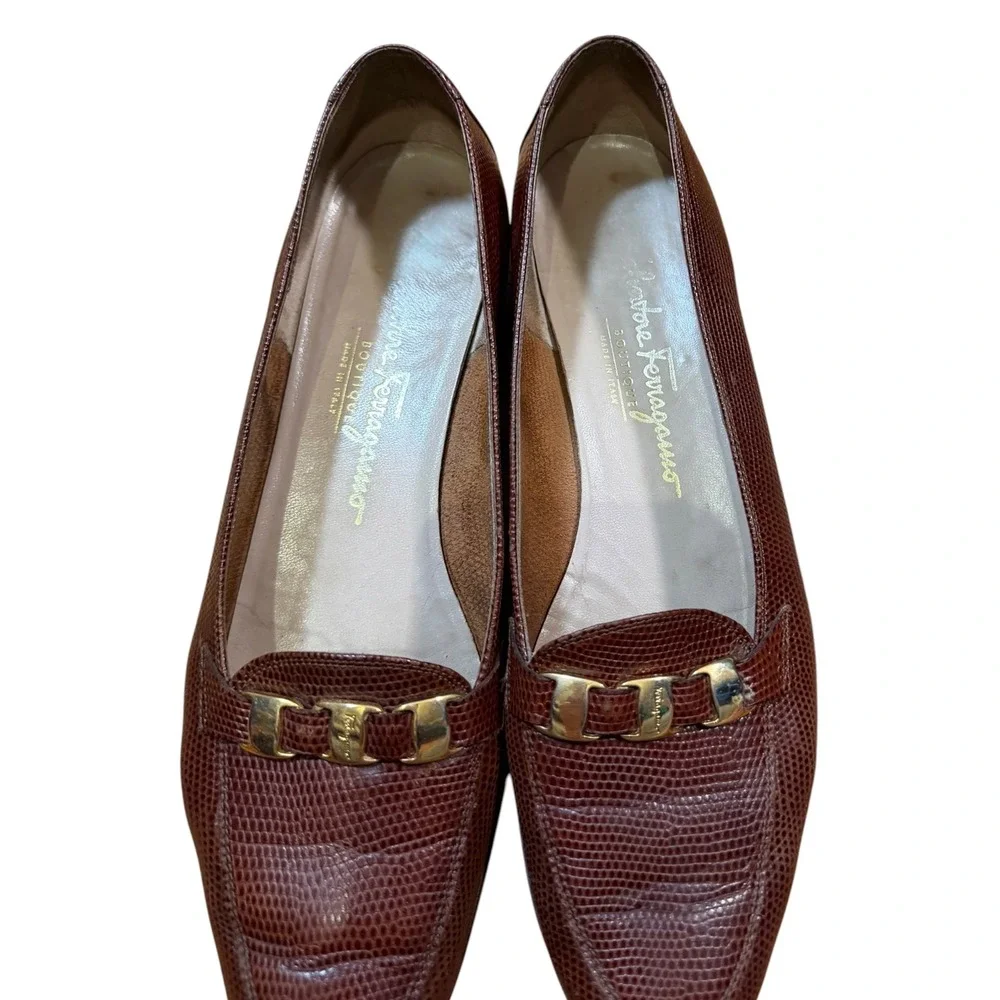 Salvatore Ferragamo Mens Lizard Embossed Leather Gancini Loafers Brown 9.5 2A/B